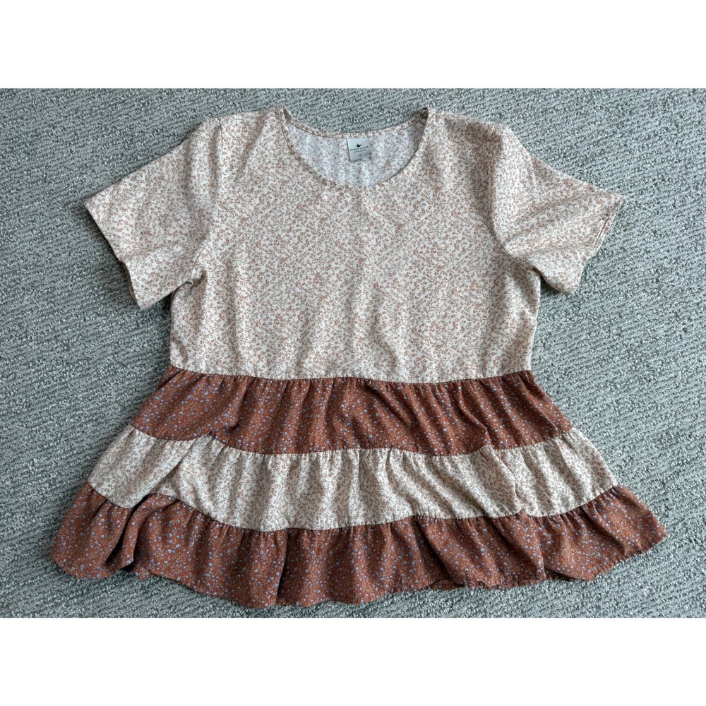 Paper Crane Women Floral Tiered Babydoll Top Short‎ Sleeve Ruffle Peplum Blouse